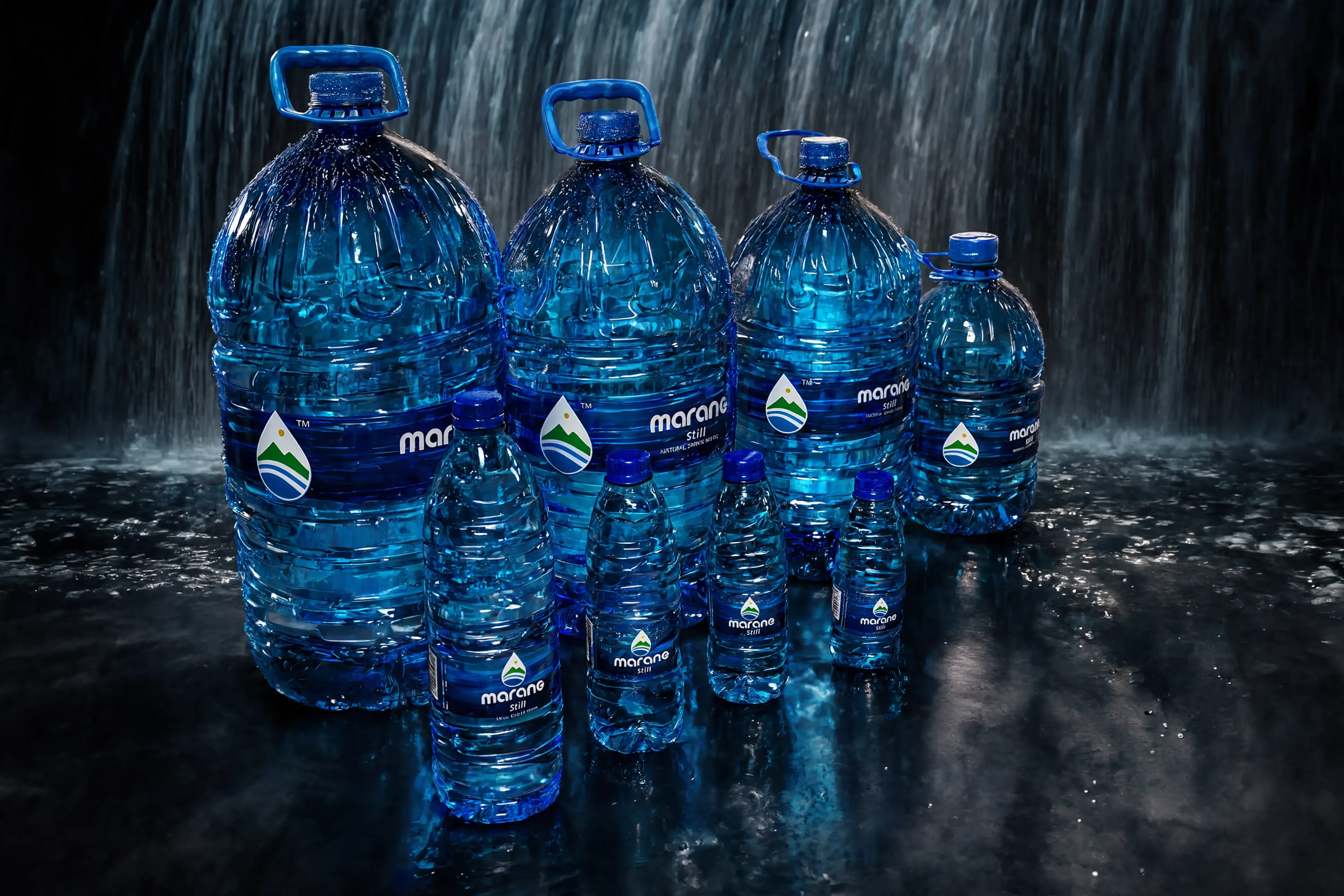 Marang Still Water bottles beside a Magaliesberg waterfall — purified still water supplier South Africa